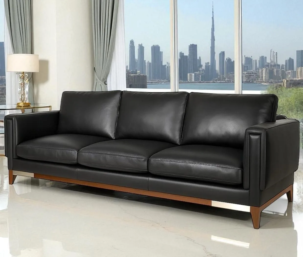 M&F Studio Black Leather Three-Seater Sofa