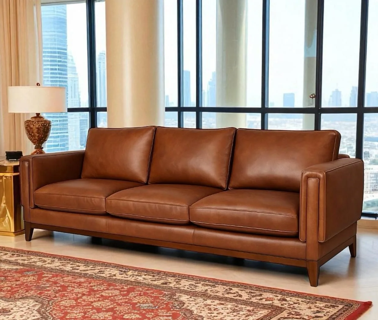 M&F Studio Cognac Leather Three-Seater Sofa