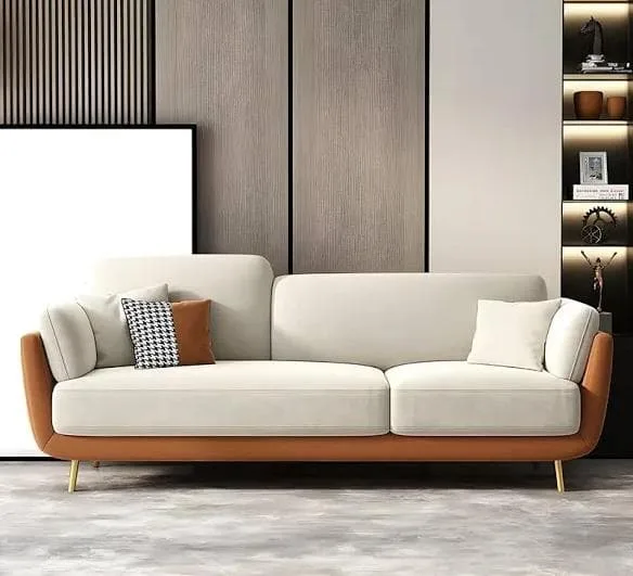 M&F Studio Ivory Sofa with Walnut Trim